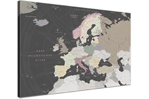 ‎LANA KK Europakarte-Pinnwand als Leinwandbild zum pinnen der Reisen – „Europakarte Grey” - Deutsch - Landkarten-Wandbild Europa in grau, 80 x 60 cm