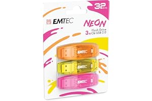 EMTEC Clé USB 2.0 C410 , Mémoire Flash Drive De 32Gb, Lecture 5Mb/S, Écriture 15Mb/S, Compatible USB 2.0, USB 3.0, Transparentes Néon Fluo Avec Capuchon , Pack De 3