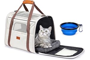 Morpilot Cat Carrier - Airline Approved, Top Opening Portable Dog Bag with Breathable Mesh/Removable Mat, Adjustable Shoulder Strap & Bowl, Foldable Travel Cage, M, Beige (Max 7kg)