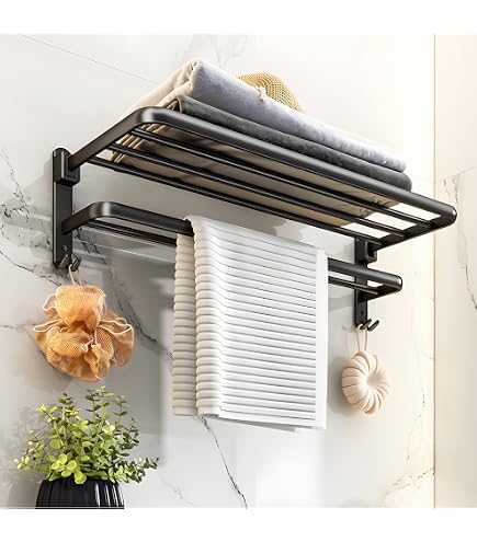Porte-serviettes Mural Pliable Noir Mat - 58x23x17,9 Cm, 2 Niveaux, 5 Crochets, En Aluminium, Pour Salle De Bain Et Cuisine