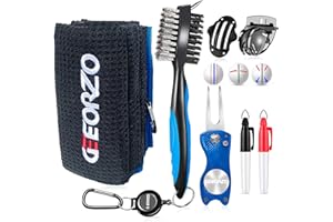 Geeorzo Golf Accessories, Retractable Golf Club Brush, Foldable Golf Divot Repair Tool, Microfiber Golf Towel, Golf Ball Line Marker Tool and Ball Markers (Set1-Blue)