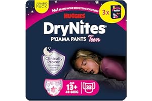 Huggies DryNites Pañales para niña 13+ (48-60 kg), Clínicamente probado con 5 capas de máxima protección nocturna, 3 packs de 11, Total 33 pañales desechables de noche