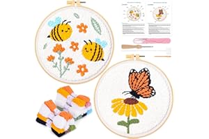 JSRQT 2 Set Punch Needle Ricamo Starter Kit per Principianti, Kit di Ago Perforatore Facile con Motivo Farfalla e Ape Bambini Adulti, Punto Croce con Ago Punzonatura Fatto a Mano per Decorazioni Casa