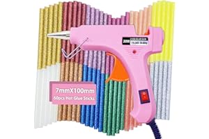 BOYIGOG Hot Glue Gun, Heats Up Quickly 20W Mini Heating Hot Include 60 Pieces Glitter Hot Glue Colored Gun Sticks, 12 Colors,for DIY Arts, Hobby, Craft, Home Repairs, Fabric,Wood, Glass, Card (Pink)