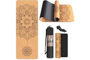 Haninj Eco-Friendly Yoga Mat Non Slip Unique Design Natural Cork Tpe Material Fitness Exercise Mat with Carry Bag and Strap For Home, Pilates,Aerobic,Gym & Workout(4 patterns available)
