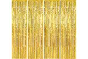 JINSION 4 Stück Lametta Vorhang Gold,1m x 2m Glitzervorhang Lametta Metall,Glitzer Vorhang Geburtstag,Party Deko Vorhang Gold,Folienfransen Vorhänge Tinsel Curtain für Geburtstag,Party,Karneval Dekorationen