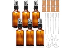 Elalove Set 6 bottiglie vetro ambrato spray 50ml con contagocce e mini imbuto per oli essenziali acqua profumi liquidi da viaggio