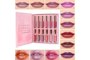 BEAUTY SEARCHER 12Colors Ultra Velvet Liquid Lipstick zestaw prezentowy, 9 matowych pomadek w płynie + 3 błyszczyki brokatowe, czerwone metaliczne pomadki do ust, błyszczące, błyszczące błyszczyki do ust Nude Shimmer Lip Makeup Beauty Cosmetic
