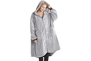 Bedsure Zip Up Oversized Blanket Hoodie - Sherpa Fleece Wearable Blanket with Zipper for Women & Men, Soft Warm Fluffy Hooded Blanket with Pocket, Gift for Women, Gift for Her, Grey, 100x78 cm