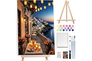 Bowetile Peinture par Numéros Ville Balnéaire Avec Cadre pour Adultes, Kit Paysage Peinture Numero pour Débutants Kit Toile avec Chevalet en Bois, DIY Peinture Acrylique pour Décoration20x30cm