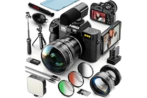 MONITECH 8K Digital Cameras for Photography, 64MP Vlogging Camera with 180°Flip Screen，2 Batteries, 64GB TF Card，16X Zoom, WiFi, 3 Color Filters,Microphone, Tripod, Wide & Macro Lens Kit (Black)