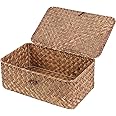 FEIALNDUO Wicker Shelf Baskets with Lid,Seagrass Storage Basket Bins Rectangular Handwoven Basket Boxes for Shelves Desktop Home Organizer (Coffee, Small)