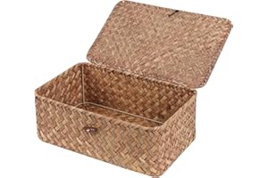 FEILANDUO FEIALNDUO Wicker Shelf Baskets with Lid,Seagrass Storage Basket Bins Rectangular Handwoven Basket Boxes for Shelves Desktop Home Organizer (Coffee, Small)