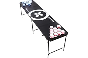 BEERCUP-CLASSICS Audio Cup Hole Black Line Table de bière avec 6 balles, règle et porte-gobelets inclus 50 gobelets rouges et 50 gobelets bleus