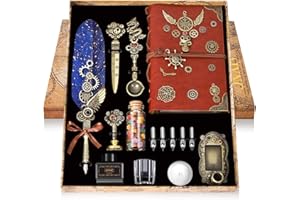 Oauir Gusix Quill Pen and Ink Set With Notebook, 5 Replaceable Nibs, Seal Stamp, Spoon, Wax Beads, White Wax, Pen Holder, Cup, Envelope, Letter Paper, Envelope Tool (Blue)
