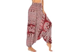 NUOFENGKUDU Mujer Thai Harem Pantalones Jumpsuit Hippie Boho Estampados Baggy Monos Pantalón Cintura Alta Indios Tallas Grandes Yoga Pants Pijama Verano Playa