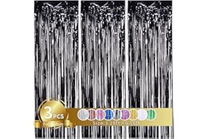 TONIFUL 3 Stück Schwarz Metallic Lametta Vorhänge,Tinsel Folie Vorhang Folienfransen Vorhang für Hochzeit Verlobung Brautdusche Geburtstag Bachelorette