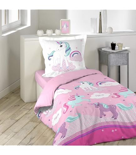 Aminata Kids Set Biancheria Da Letto Unicorno 135x200 Cm, 100% Cotone, Con Cuscino 80x80 Cm, Certificato OekoTex, Per Bambine