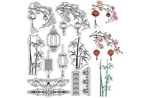 craspire Tampons Transparents en Forme de Lanterne Motifs Chinois en Bambou Bordure Florale Cadre Tampons Réutilisables en Caoutchouc de Silicone pour Bricolage Scrapbooking Journal Décoration