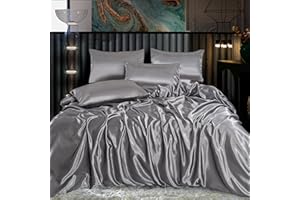 ROOEE Satin Silk Complete Bedding Set - 6 PCS - Fitted sheet, Duvet Cover, 4 Pillow Cases. Color - Silver Size - King