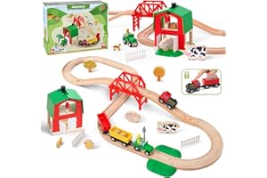 Giant bean Wooden Train Set, 42 PCS Wooden Farm Train Track for Toddlers, Battery Operated Train Railway Track Set with Bridge, Barn, Animals, Tractor Cargo Trains, Toy Gift for Boys Girls Age 3-8