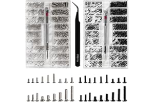 Lyeteung 1000 Sztuk M1.2/M1.4/M2 Zestaw Małych Mikrośrubek Naprawczych, Asortyment Mikrośrub, Mały Zestaw Śrubek, ze Śrubokrętem i Pęsetą, do Okularów, Laptopów, Zegarków, Srebrny, Czarny