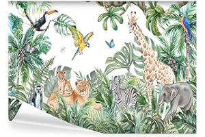 decomonkey - Papier Peint Panoramique Jungle et Animaux 350x256 cm - Décoration murale moderne – Tapisserie décorative pour chambre salon - Art mural unique design tendance