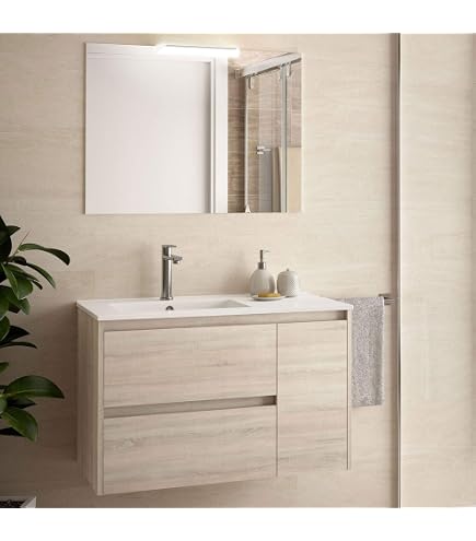 Composizione Bagno 4 Pezzi Venere – Mobile Con Lavabo, Specchio E Luce LED – Verde Salvia, 81×46,5×190 Cm