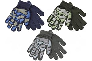 THINGIMIJIGS Boys 3 Pack Magic Stretch Gripper Gloves – Knitted Thermal Winter Gloves – Football or Camo Design – Warm Outdoor Gloves with Patterned Grip – Machine Washable