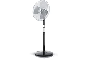 Brandson - Ventilateur sur Pied - 50W - 40 cm de diamètre - Hauteur Ajustable - Trois Vitesses - pales aérodynamiques - Fonction Oscillation 80degrés - Noir Argent