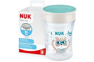 NUK Magic Cup vaso antiderrame bebe | Borde a prueba de derrames de 360° | +8 meses | Sin BPA | 230 ml | Gato (azul) | 1 unidad