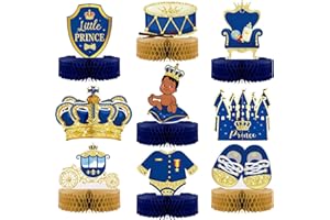 EPAKH 9 Pcs Royal Prince Themed Honeycomb Centerpiece Table Toppers for Baby Boys African American Table Decorations Blue and Gold Castle Crown Table Centerpiece for Baby Shower Birthday Decoration Supplies