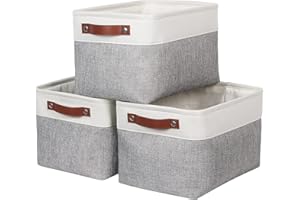 Syeeiex Fabric Storage Basket [3-Pack], Large Baskets with Leather Handles, Storage Boxes for Shelves, Foldable Baskets for Organizing Toys, Clothes, Office (White/Grey)