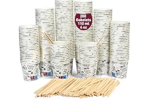 GOBECUPS 200 Gobelets Jetables Café de 110 ml / 4oz en Carton Papier Blancs, Solides et Étanches, Idéaux pour Café Court, Lungo, Espresso, Macchiato. Avec des Agitateurs en Bois Écologiques