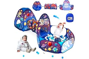 BERYLED Tienda de Campaña Infantil espacial, 3 en 1 pop up parque de bolas con tunel, piscina de bolas con canasta y casita de tela plegable para interior, exterior y jardín, regalo bebés, niños/niñas