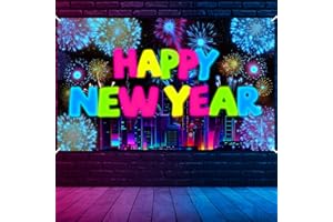 HOWAF Decorazioni Capodanno 2026, Fluo Striscione Buon Anno Nuovo Happy New Year Striscione Sfondo Fotografico Bandiera Luminosi Neon UV Photo Booth Capodanno 2026 Fluorescenti al Buio, 180 x 110 cm