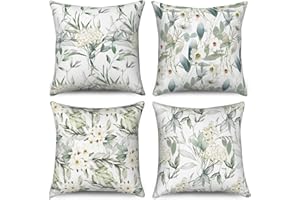 Funda de cojín verde salvia 40x40 Juego de 4, Hnmdmyi Acuarela Flores y Hojas Planta Botánica Fundas de Cojín Decorativas Funda de Cojín Cuadrada de Lino para Sofá Jardín Exterior Decoración del Hogar