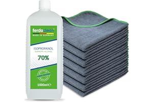 ‎FERDOCLEAN ferdoclean® 1000ml Isopropanol 70% + 12 x Mikrofasertücher (40 x 40 cm) 380 GSM | Lösungsmittel 1l IPA Alkohol Reiniger für Haushalt, Auto & mehr | Fettentferner Reinigungsmittel | Microfasertuch