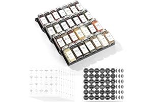 VIYMGIT Schwarz Gewürzschubladen-Organizer mit 28 Gewürzgläsern, 348 Etiketten, Sieb- und Gießdeckeln mit luftdichten Aluminiumkappen, 4-stufigem klarem Acryl-Schubladentablett-Rack mit Gewürzbehältern