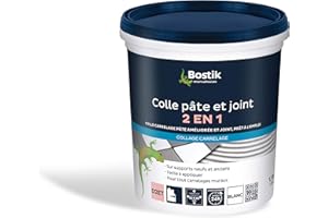 Bostik Colle Pâte et Joint 2 en 1 – Colle Carrelage Mural Améliorée et Joint de Carrelage Prêt à l’Emploi – Idéale pour Cuisine et Salle de Bain – Blanc – Seau de 1,5 kg
