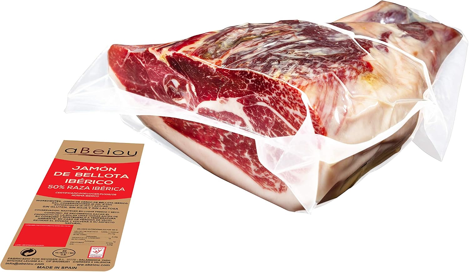 Jamón Ibérico de Bellota Deshuesado Sin Hueso 50% Raza Ibérica 1 kg — Curación +36 Meses — Cert. Hycer — Guijuelo Salamanca — aBeiou