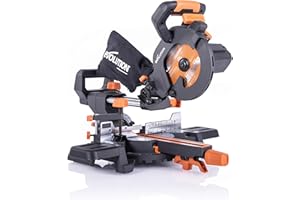 Evolution Power Tools R185SMS+ Compound Saw with Multi-Material Cutting, 45 Degree Bevel, 50 Degree Mitre, 210 mm Slide, 1200 W, 210 mm, 230 V, (3-Year Warranty)