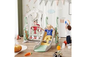 TIMORWTF Tobogán infantil 4 en 1,Tobogán para el aspecto del conejo, conjunto de columpio y diapositiva para niños, con columpio, deslizante, soporte de baloncesto, bola, azul