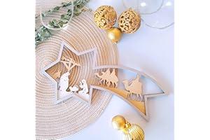 nagu® Estrella de Navidad de Madera, Natividad, Pesebre con Nacimiento de Cristo y Reyes Magos. Ornamento de Madera para Pared o Colgante para árbol de Navidad