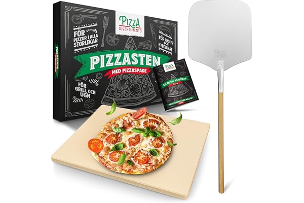 Pizza Divertimento Pizzasten för ugn och grill - Med pizzaspade - Tillverkad av kordierit - Baksten för krispig botten och saftig fyllning