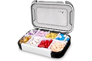 Fullicon Travel Pill Box 8 Compartments, Large Pill Box Organiser with Removable Divider, Vitamin Organiser with Label, Stackable Pill Casw for Supplement, Medicine, Fish Oil (Black White)