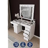 DF02115B LED Işıklı Aynalı Makyaj Masası Tabureli, B&ouml;lmeli 12 &Ccedil;ekmeceli Organizer Kozmetik Masası