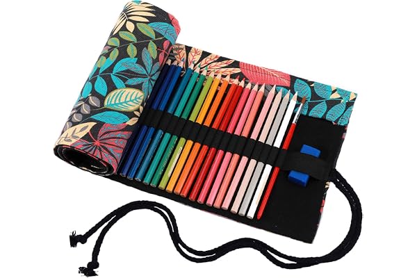 Amoyie Trousse a Crayon Enroulable, Pliable Pochette Rangement pour 48 Crayons de Couleur, Etui Tissu, Sac à Crayons, Feuille Colorée