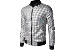 JOGAL Herren Metallic Pailletten Baseball Bomberjacke 70er Disco Party Kostüm