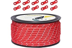 ‎HIKEMAN 50M reflektierende Schnur Guy Seile Outdoor Zelt Führungsseil 100% Nylon Schnur Windlinie mit 10 Stück Aluminiumlegierung Spanner für Camping (red, Diameter 5 mm)